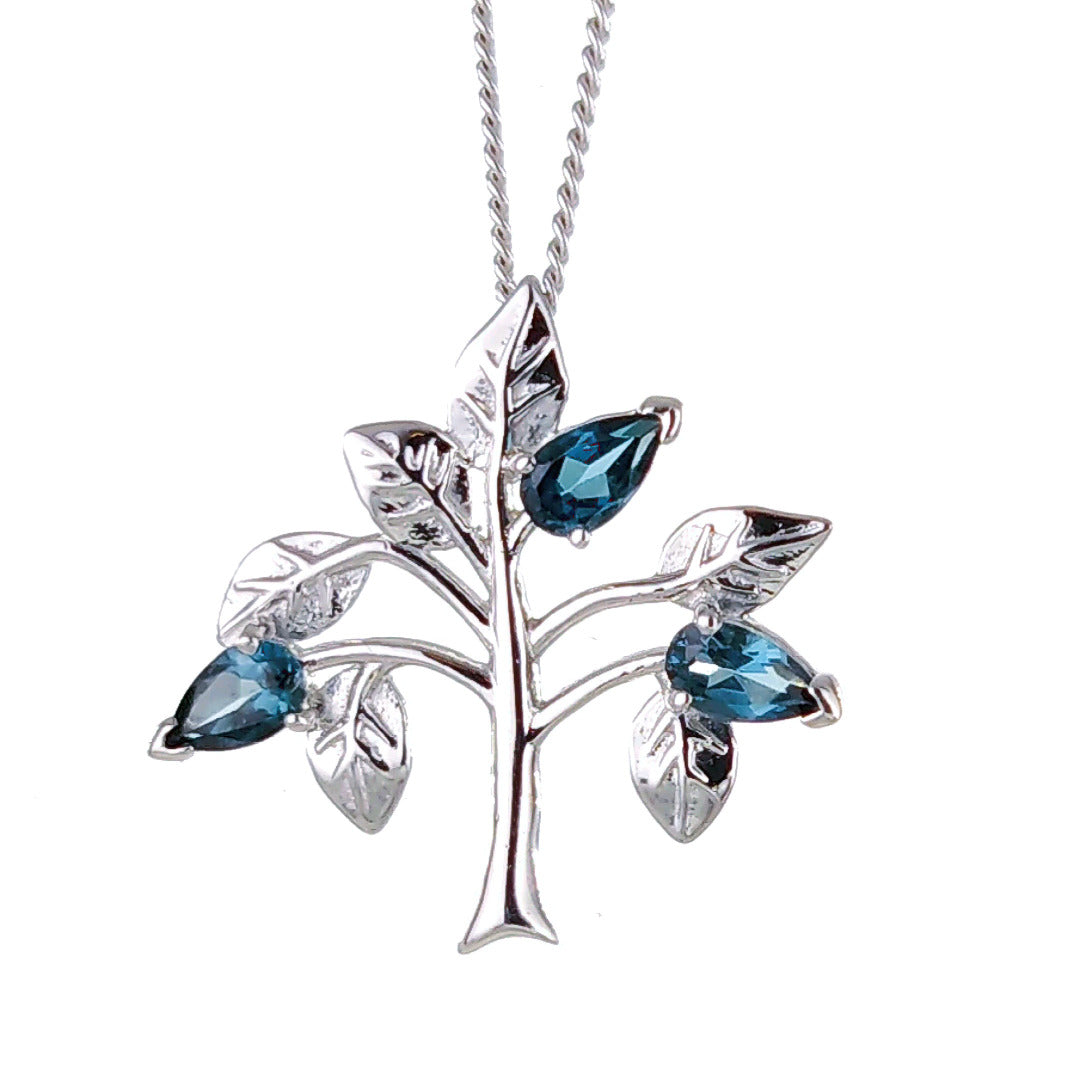 Topaz Necklace 0.75ct Pear London Blue Tree of Life Pendant Sterling Silver