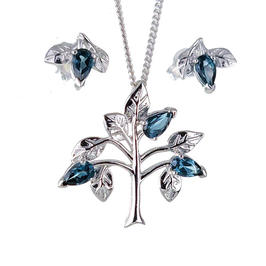 Topaz Necklace Earring Set 1.25ct Pear London Blue Tree of Life Sterling Silver