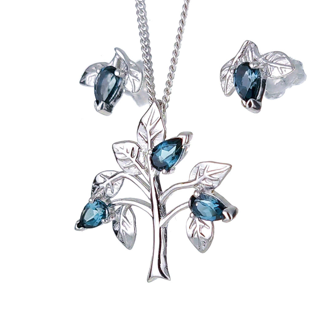 Topaz Necklace Earring Set 1.25ct Pear London Blue Tree of Life Sterling Silver