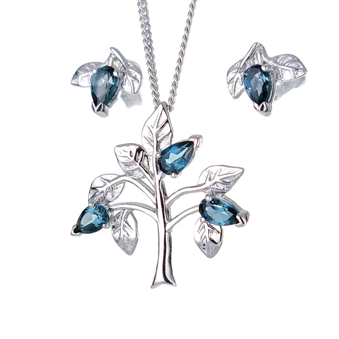 Topaz Necklace Earring Set 1.25ct Pear London Blue Tree of Life Sterling Silver