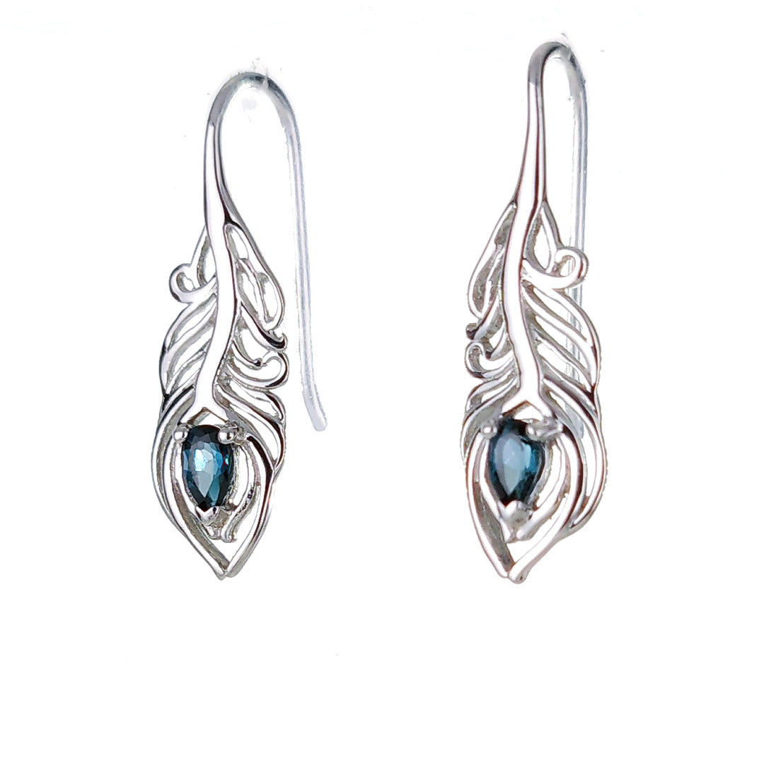 Peacock Feather Earrings Sterling Silver London Blue Topaz December Birthstone