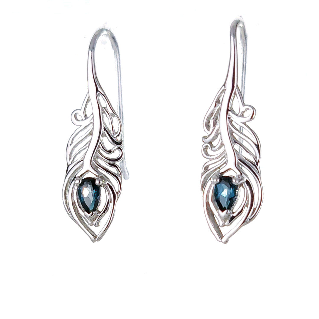 Peacock Feather Earrings Sterling Silver London Blue Topaz December Birthstone