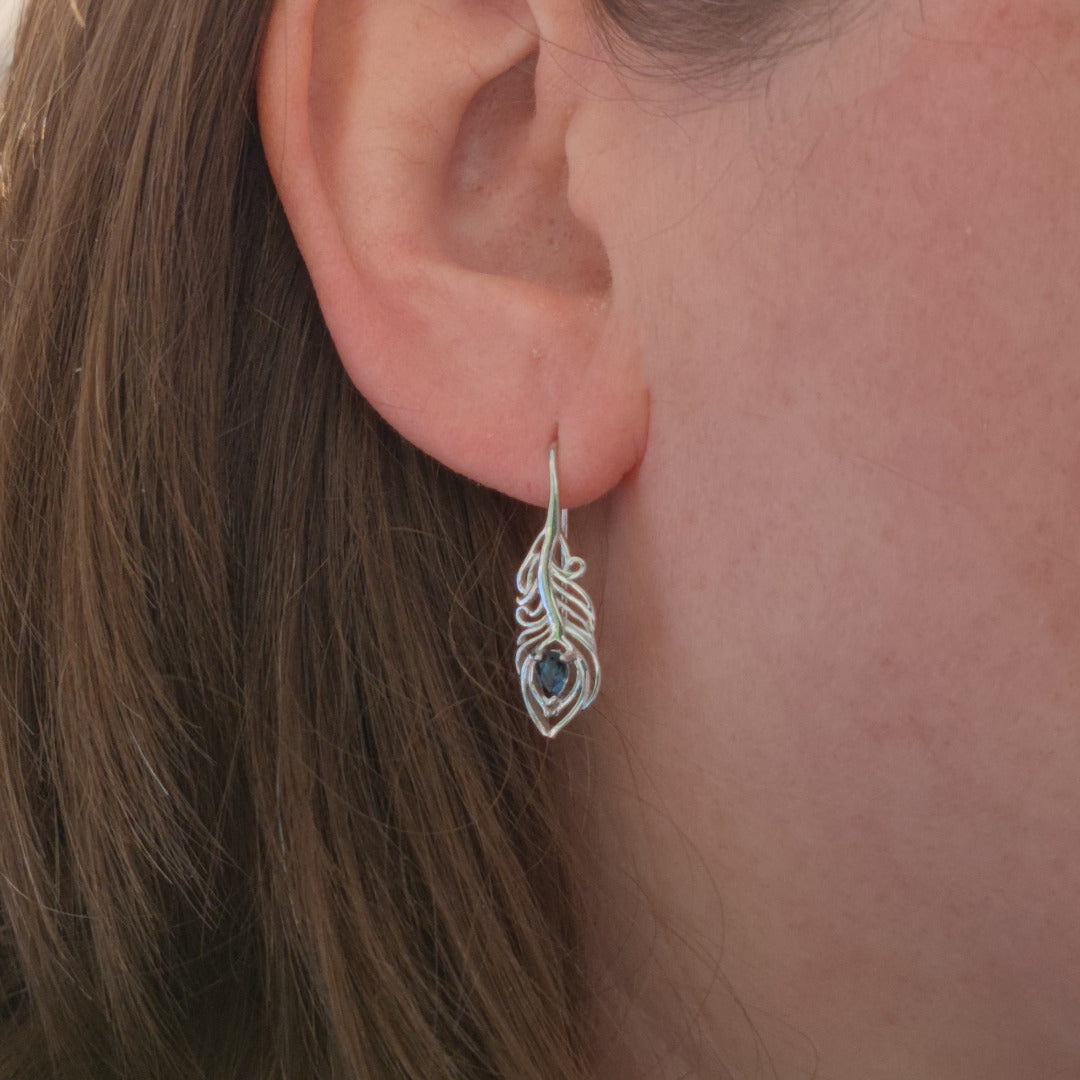 Peacock Feather Earrings Sterling Silver London Blue Topaz December Birthstone