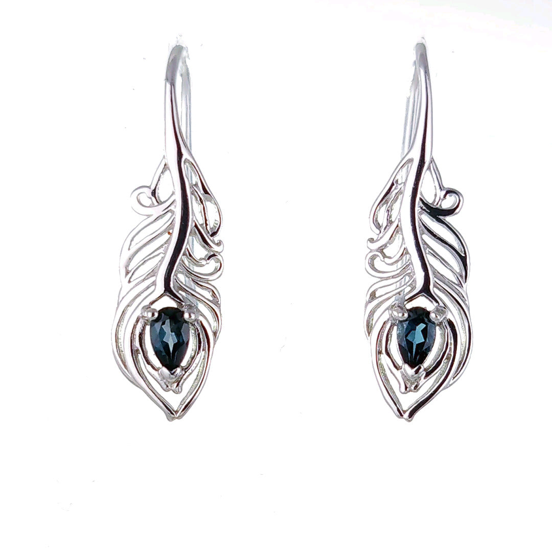 Peacock Feather Earrings Sterling Silver London Blue Topaz December Birthstone