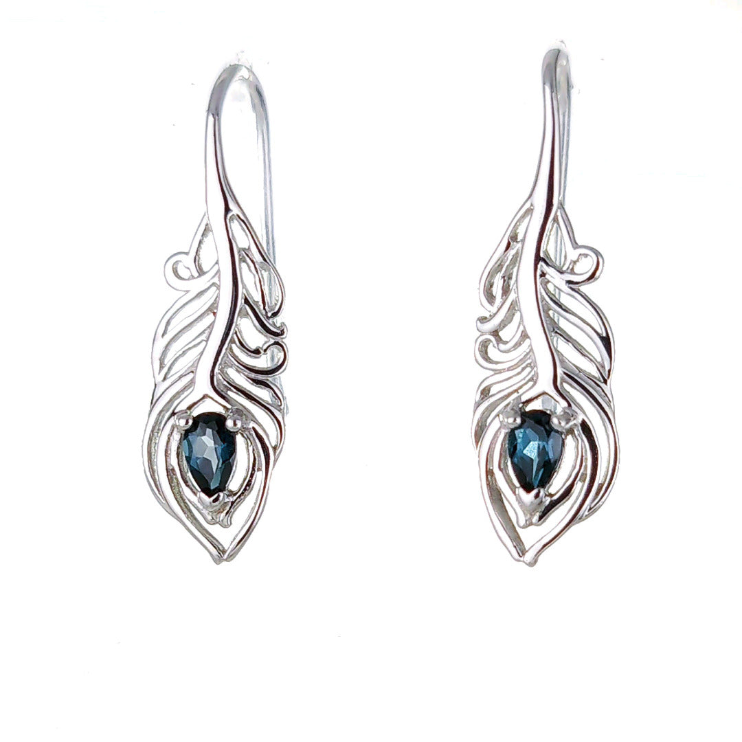 Peacock Feather Earrings Sterling Silver London Blue Topaz December Birthstone