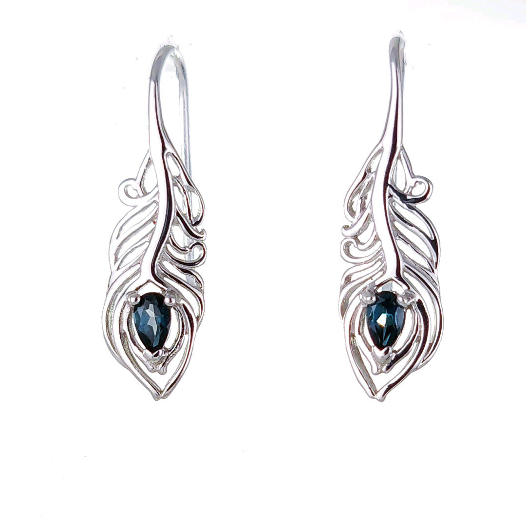 Peacock Feather Earrings Sterling Silver London Blue Topaz December Birthstone