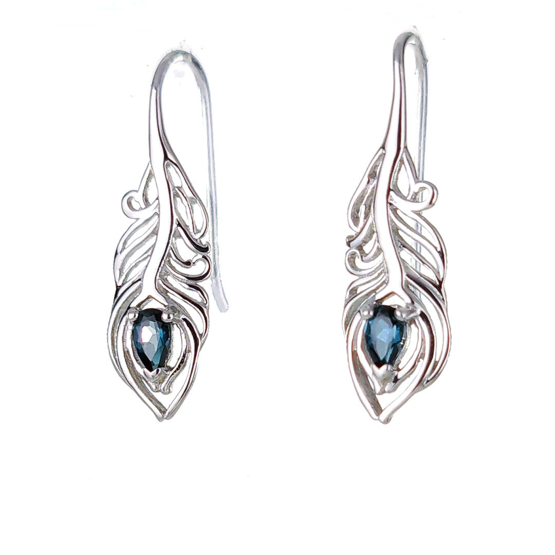 Peacock Feather Earrings Sterling Silver London Blue Topaz December Birthstone