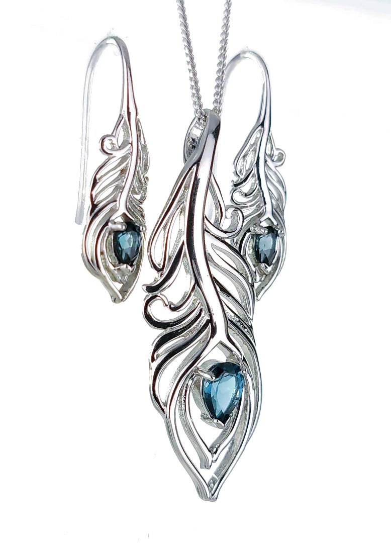 Peacock Feather Earrings Necklace Set London Blue Topaz December Birthday