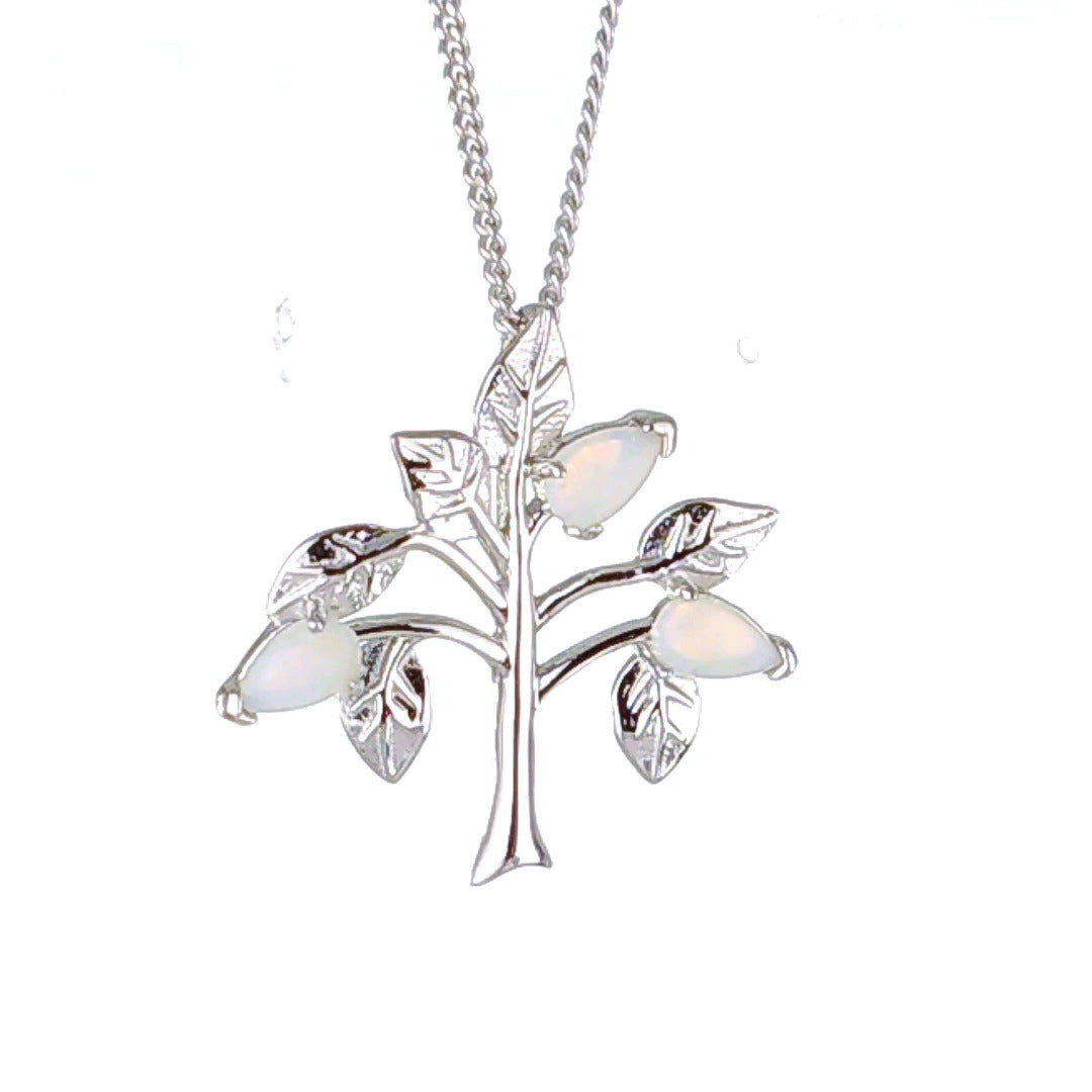 Opal Necklace Sterling Silver Tree of Life Pendant October Birthstone