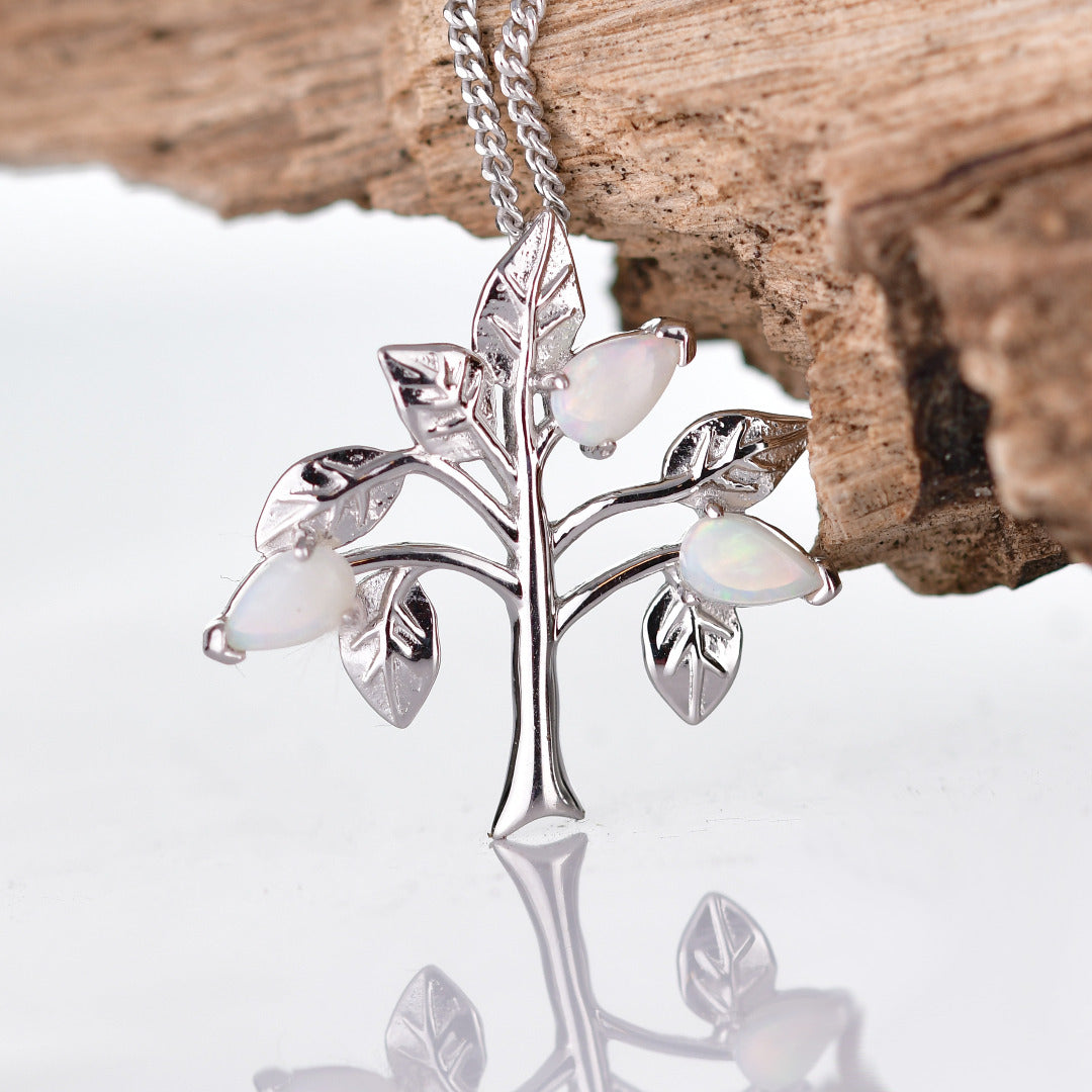 Opal Necklace Sterling Silver Tree of Life Pendant October Birthstone