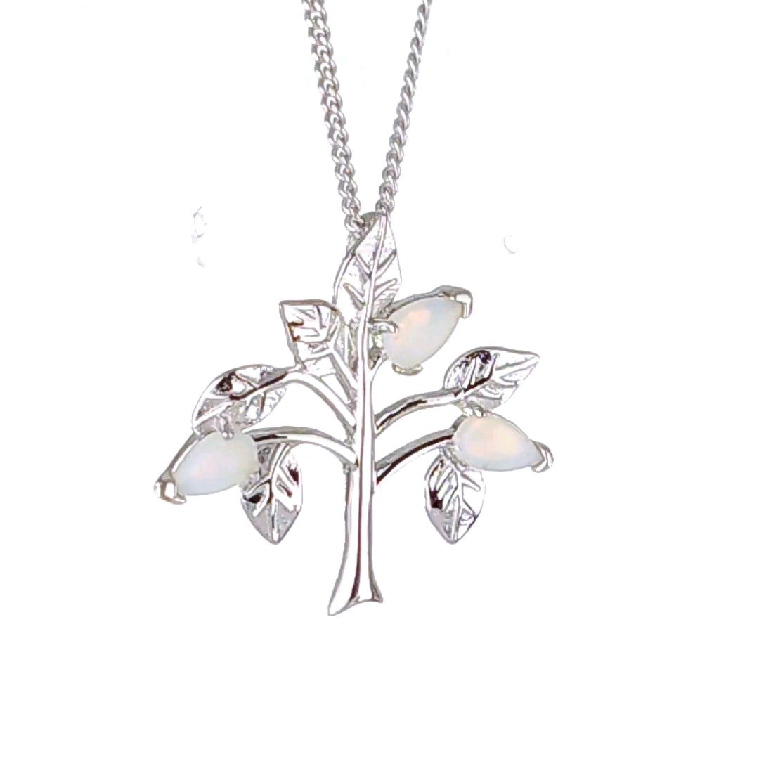 Opal Necklace Sterling Silver Tree of Life Pendant October Birthstone