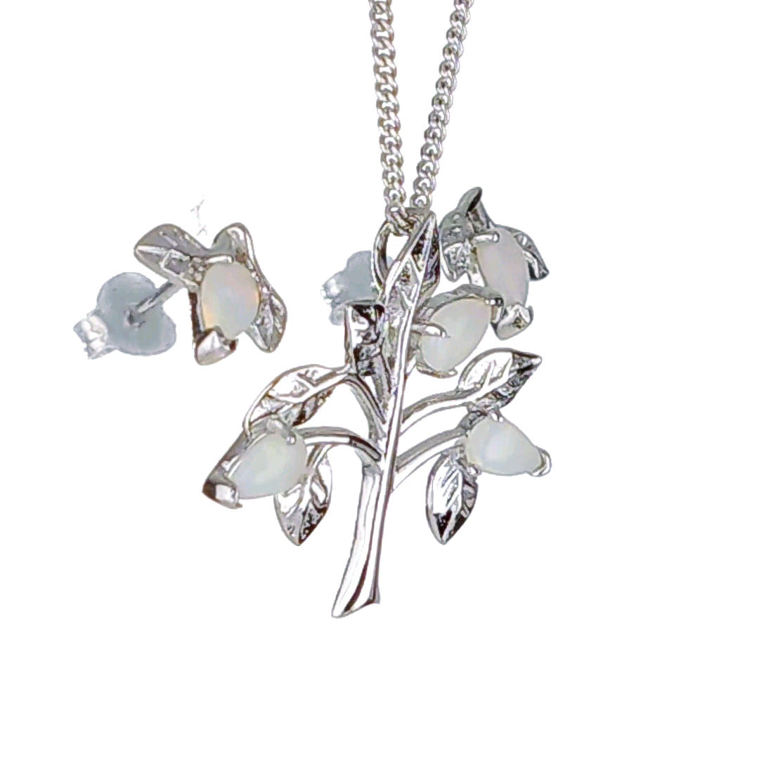 Opal Necklace Earring Set Sterling Silver Tree of Life October Birthstone