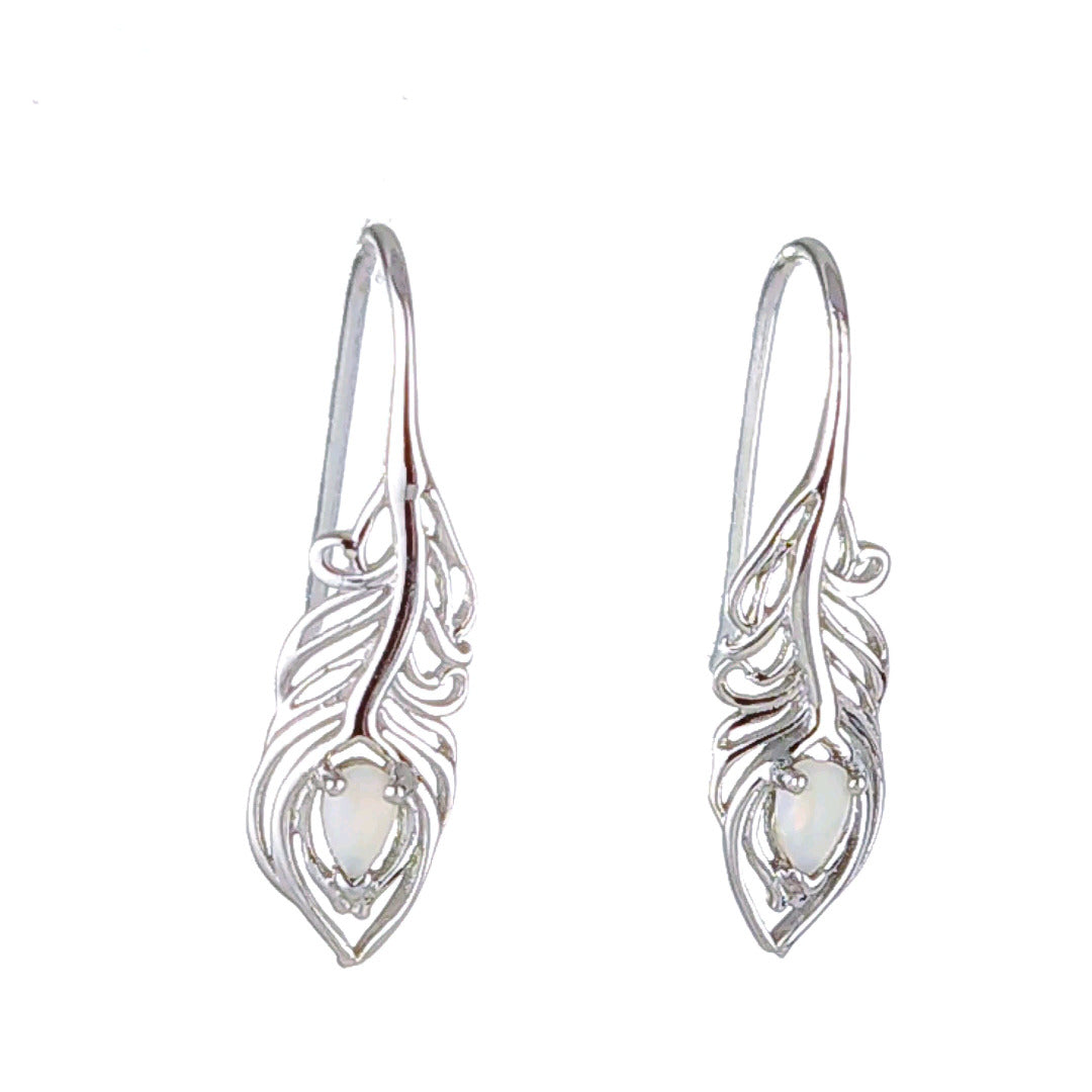 Sterling Silver Peacock Feather Dangle Earrings with Natural Australian White Opal