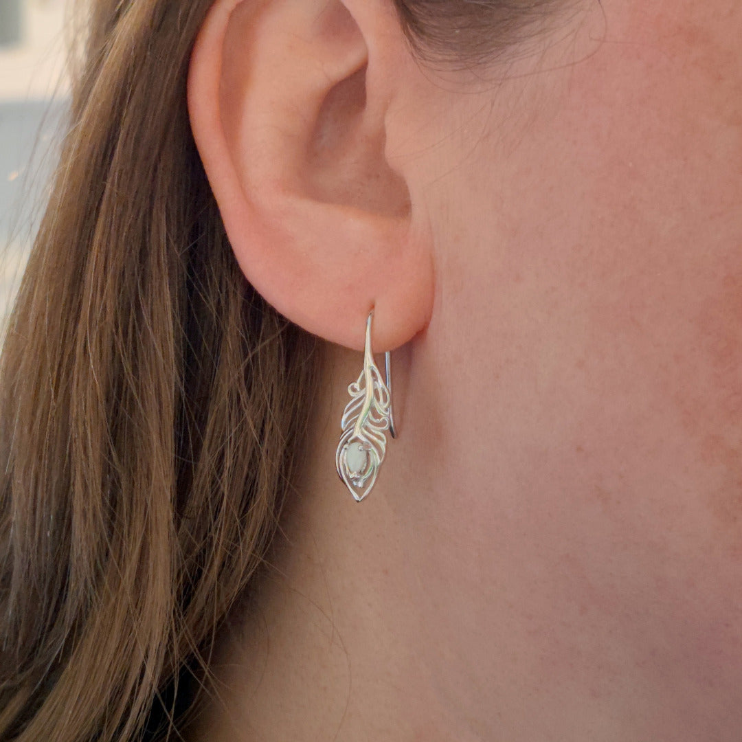 Sterling Silver Peacock Feather Dangle Earrings with Natural Australian White Opal