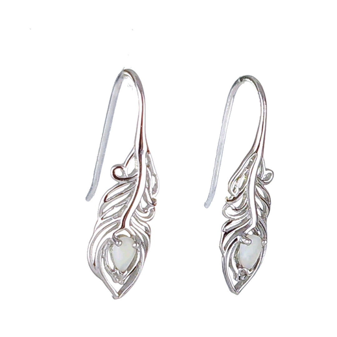 Sterling Silver Peacock Feather Dangle Earrings with Natural Australian White Opal