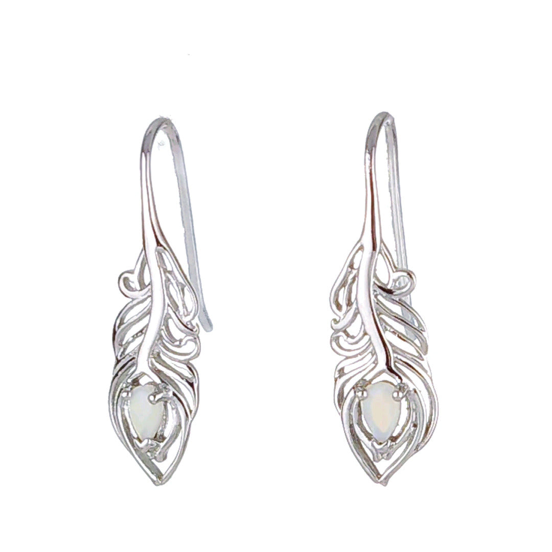 Sterling Silver Peacock Feather Dangle Earrings with Natural Australian White Opal