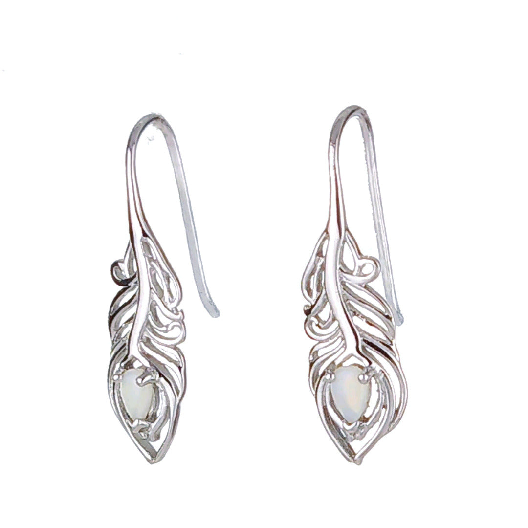 Sterling Silver Peacock Feather Dangle Earrings with Natural Australian White Opal