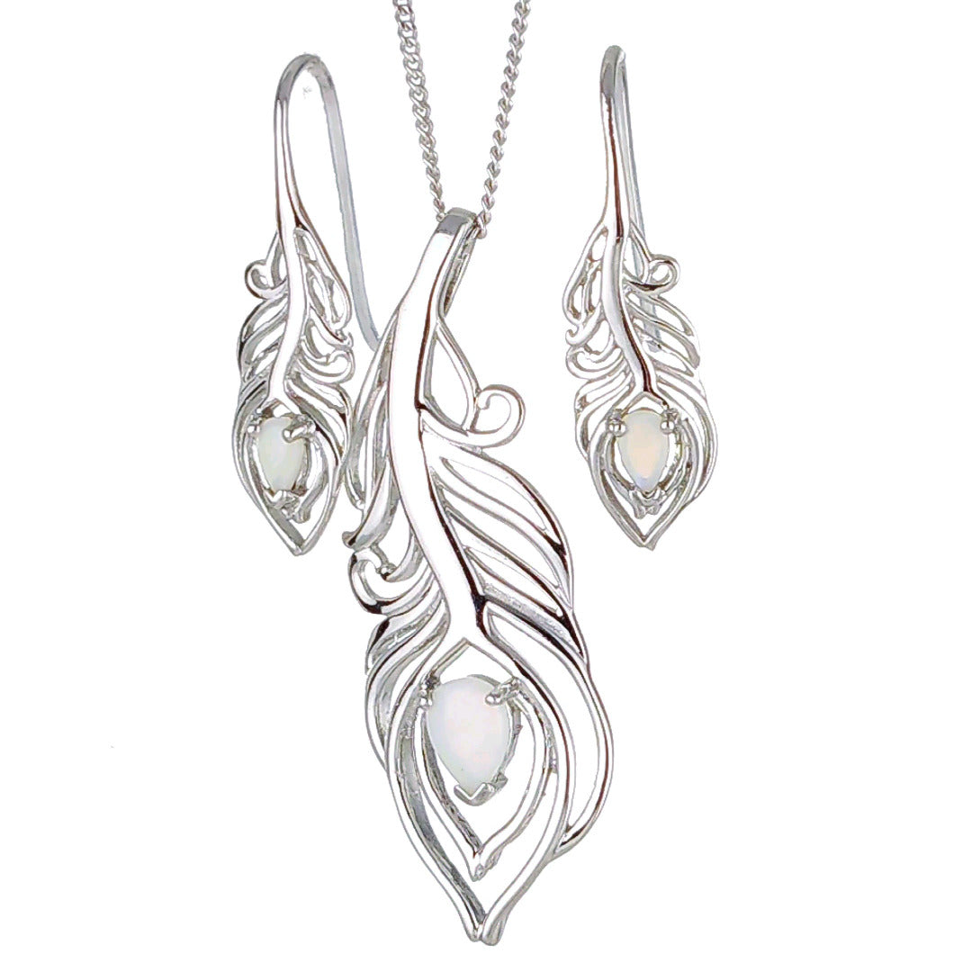 Feather Opal Necklace and Matching Opal Earrings Set