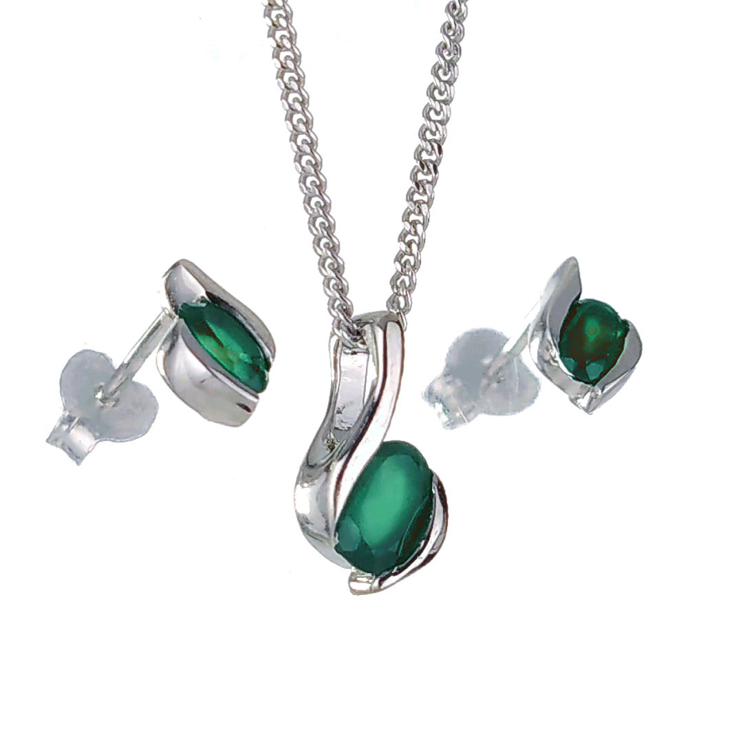 Sterling Silver Necklace Earring Set Onyx Green Oval May Birthstone