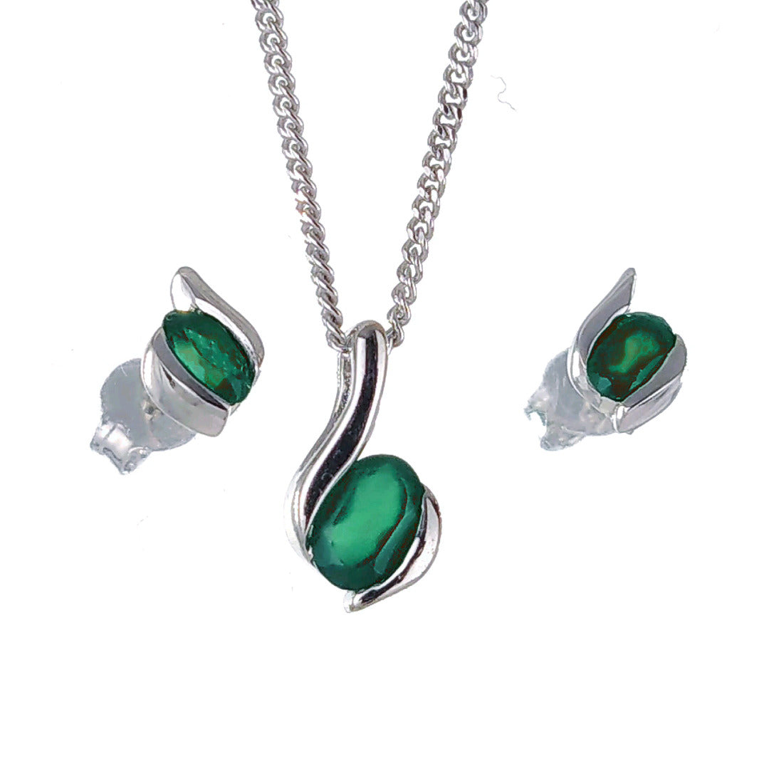 Sterling Silver Necklace Earring Set Onyx Green Oval May Birthstone