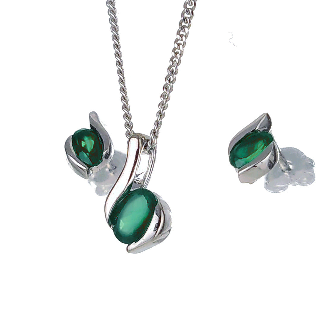 Sterling Silver Necklace Earring Set Onyx Green Oval May Birthstone