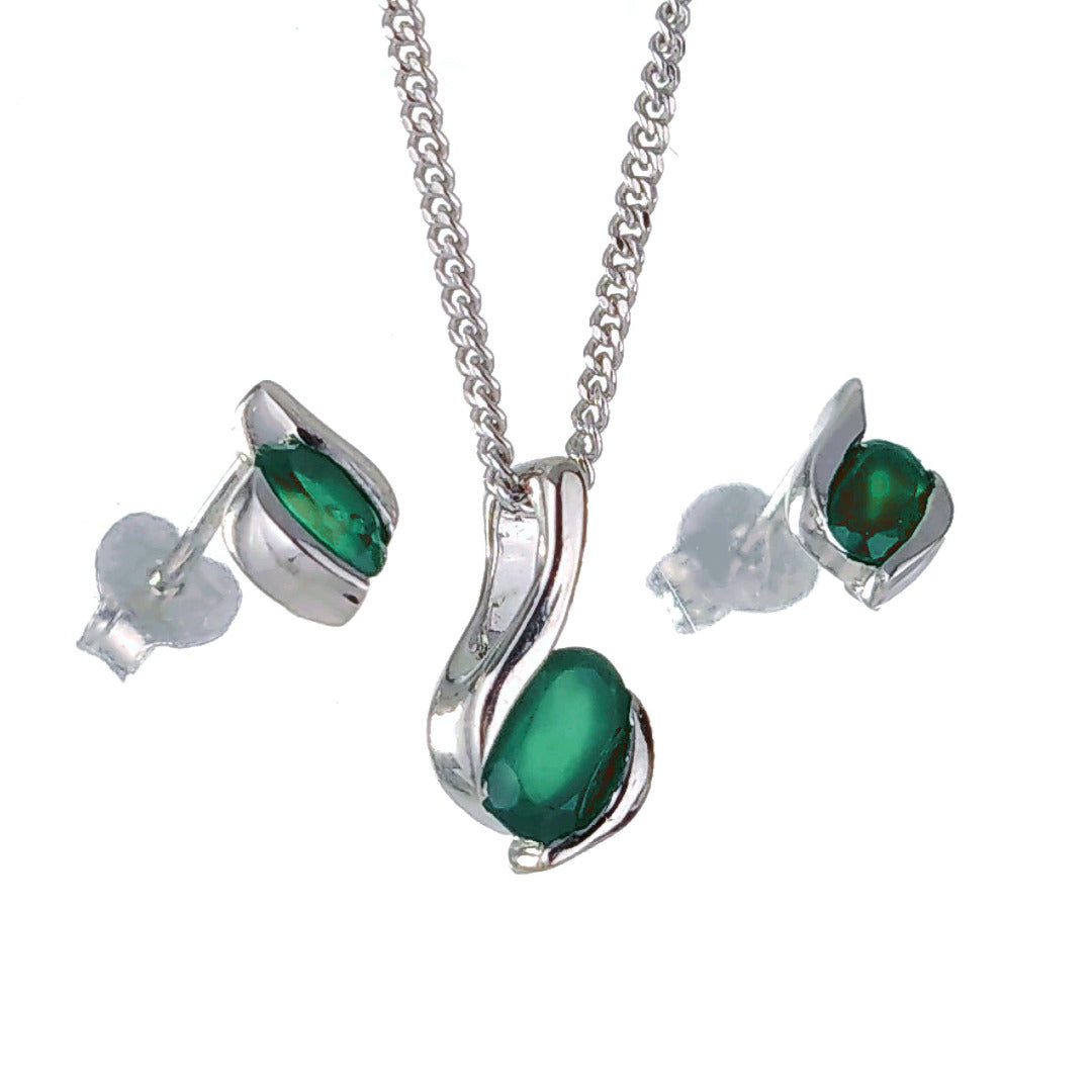 Sterling Silver Necklace Earring Set Onyx Green Oval May Birthstone