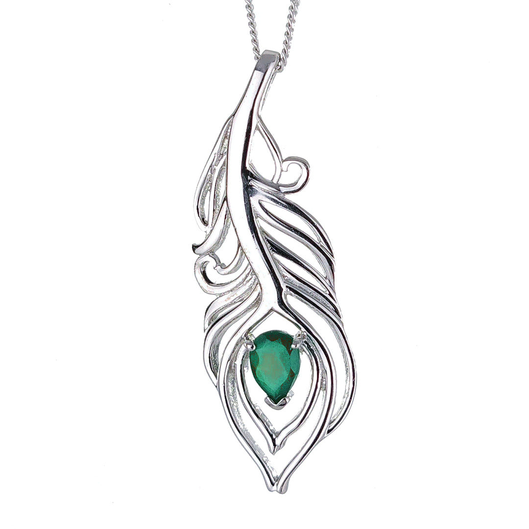 Onyx Green Necklace Peacock Feather Pendant Sterling Silver May Birthstone