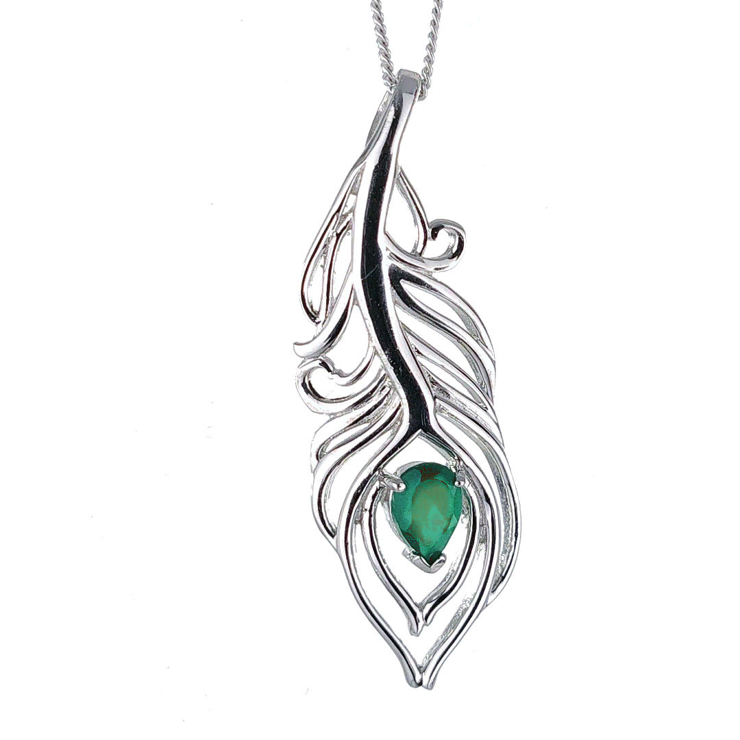 Onyx Green Necklace Peacock Feather Pendant Sterling Silver May Birthstone