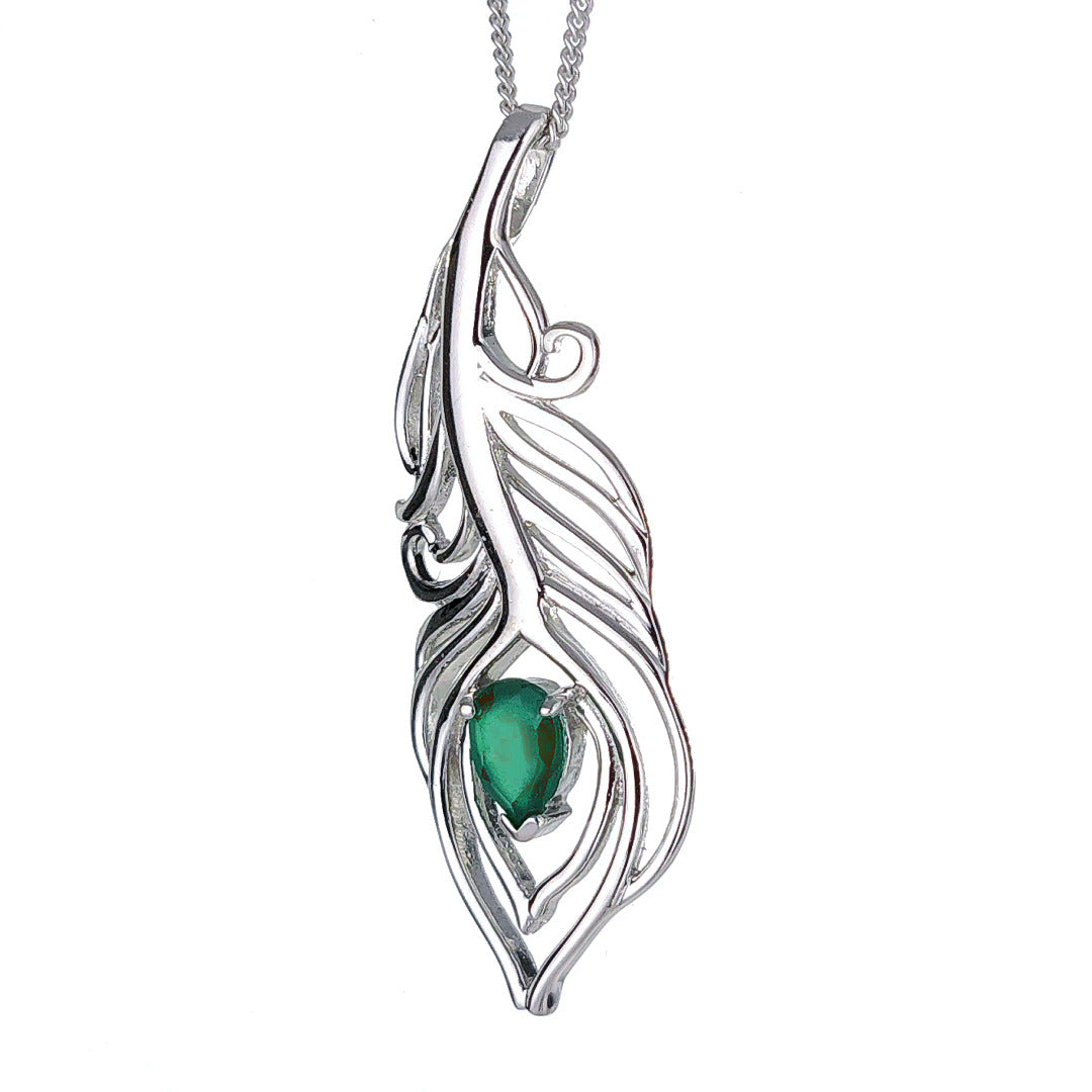 Onyx Green Necklace Peacock Feather Pendant Sterling Silver May Birthstone