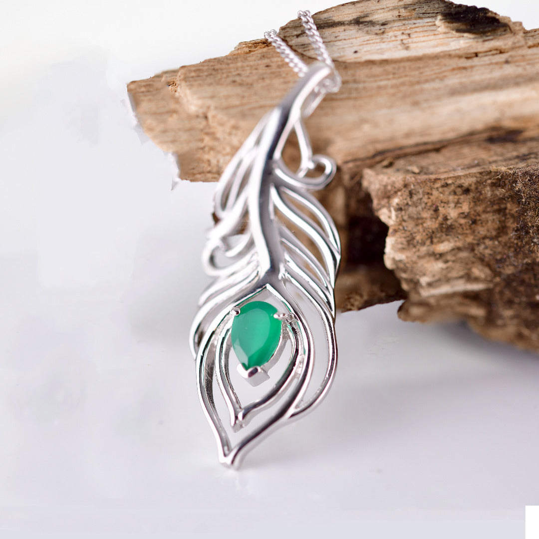 Onyx Green Necklace Peacock Feather Pendant Sterling Silver May Birthstone