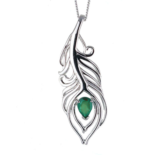 Onyx Green Necklace Peacock Feather Pendant Sterling Silver May Birthstone