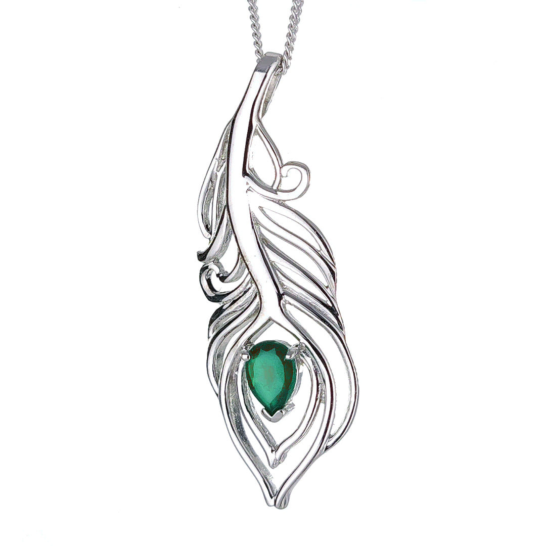 Onyx Green Necklace Peacock Feather Pendant Sterling Silver May Birthstone