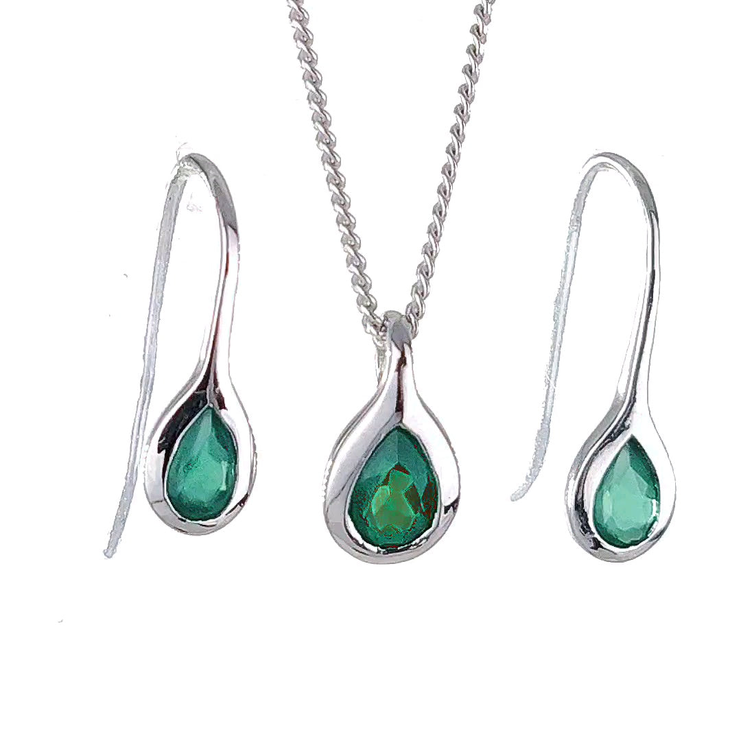 Sterling Silver Necklace Dangle Earring Set Onyx Green Pear Pendant May Birthstone