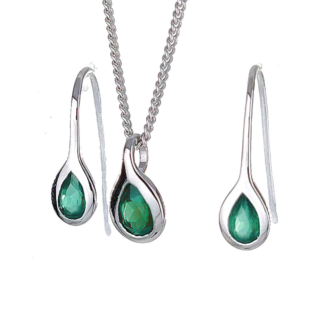 Sterling Silver Necklace Dangle Earring Set Onyx Green Pear Pendant May Birthstone