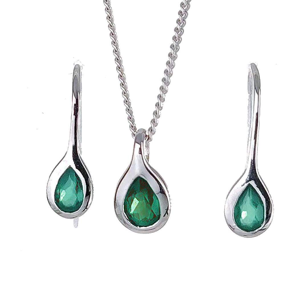 Sterling Silver Necklace Dangle Earring Set Onyx Green Pear Pendant May Birthstone