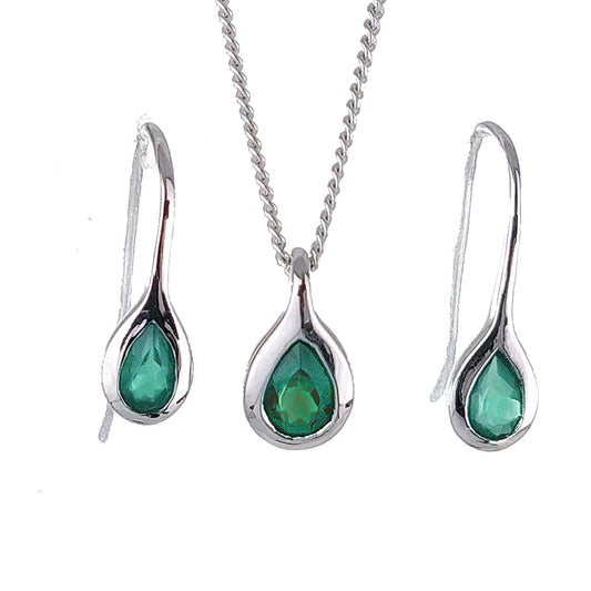 Sterling Silver Necklace Dangle Earring Set Onyx Green Pear Pendant May Birthstone