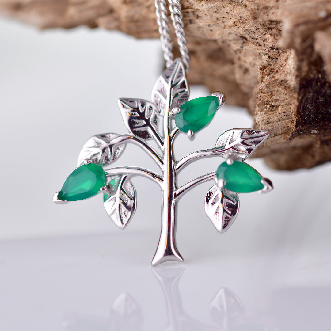 Onyx Green Necklace Tree of Life Pendant Sterling Silver May birthstone