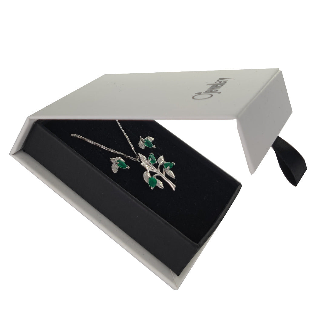 Onyx Green Necklace Earring Set 1.25ct Pear Tree of Life Sterling Silver