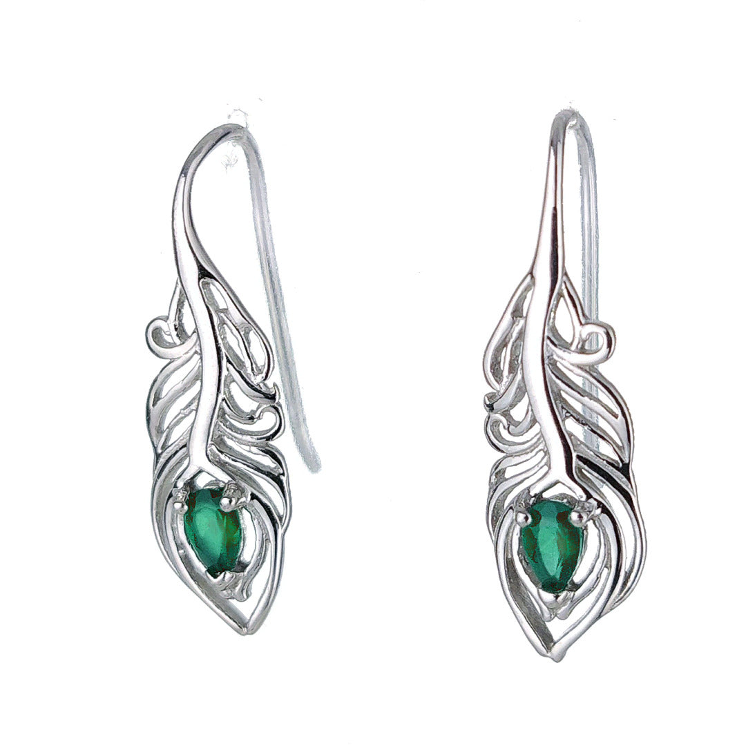 Sterling Silver Onyx Green Earrings Dangle Peacock Feather May Birthstone