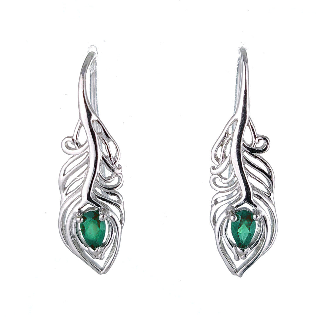Sterling Silver Onyx Green Earrings Dangle Peacock Feather May Birthstone
