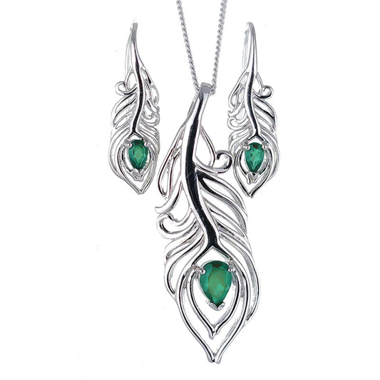 Sterling Silver Onyx Green Set Peacock Feather May Birthstone