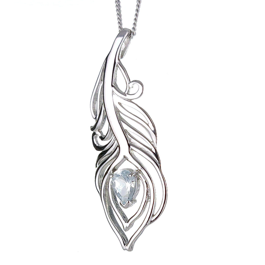 Aquamarine peacock feather statement pendant sterling silver