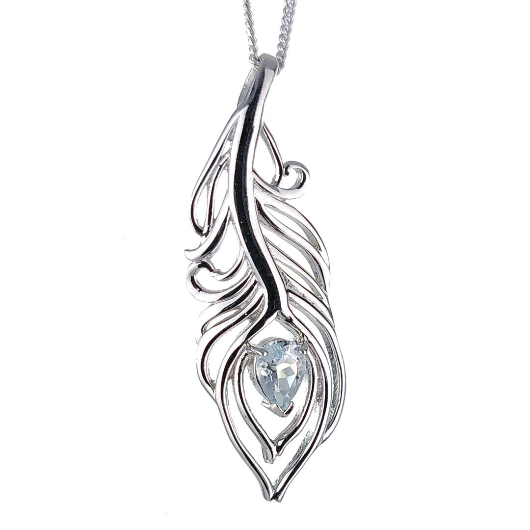 Aquamarine peacock feather statement pendant sterling silver