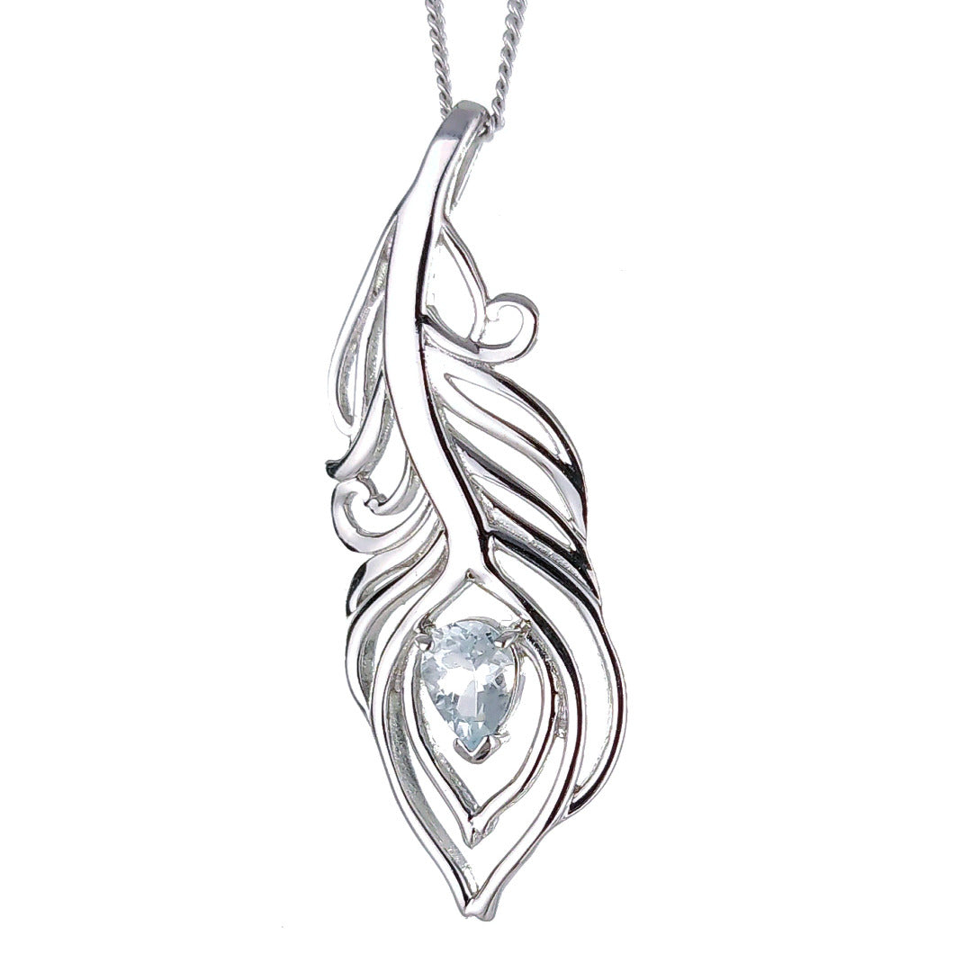 Aquamarine peacock feather statement pendant sterling silver