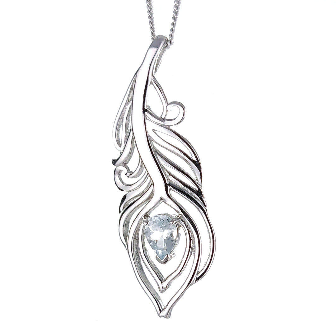 Aquamarine peacock feather statement pendant sterling silver