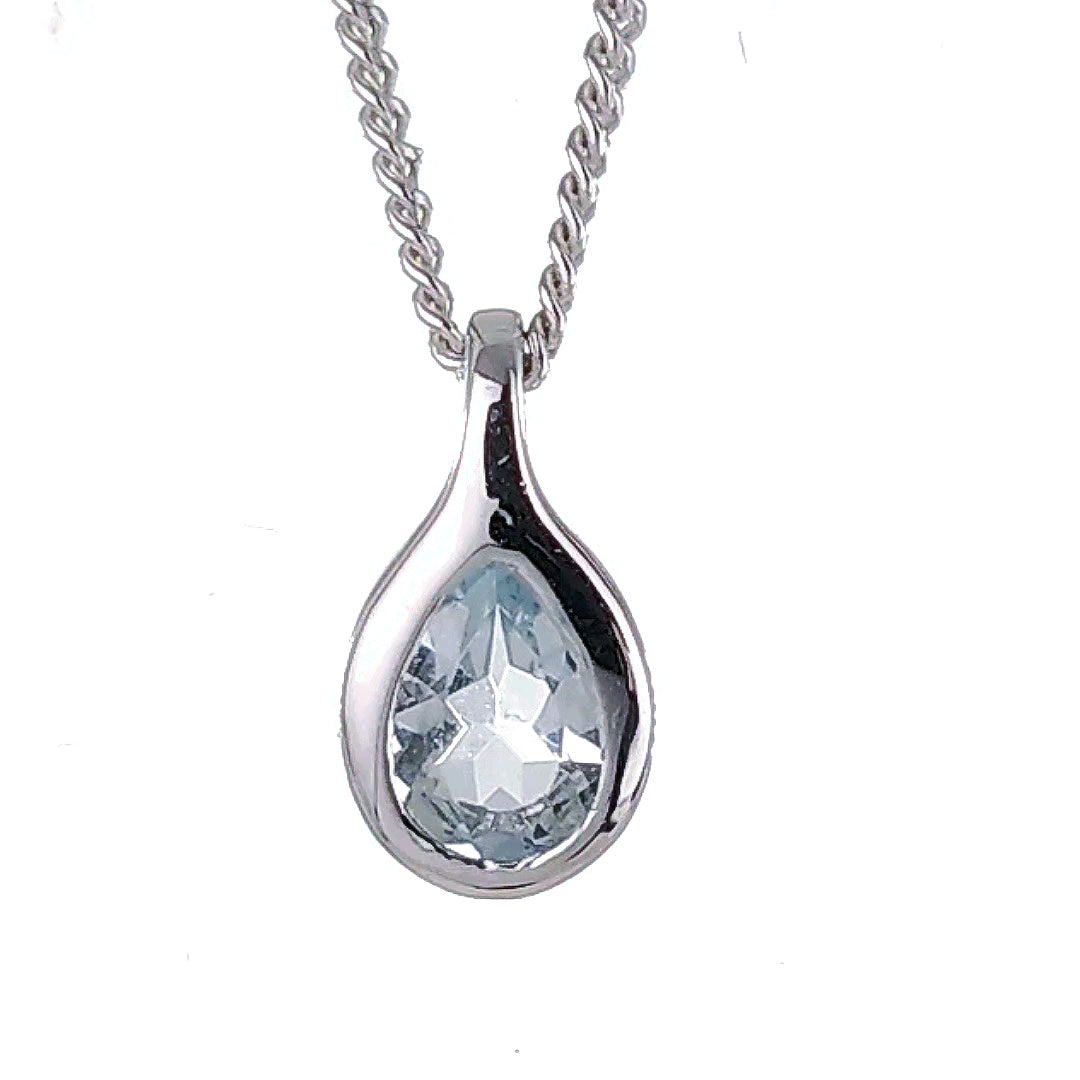 Aquamarine rubover pear pendant sterling silver