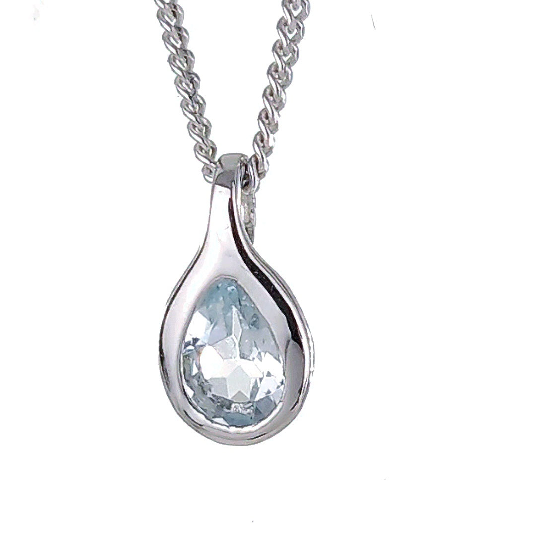 Aquamarine rubover pear pendant sterling silver