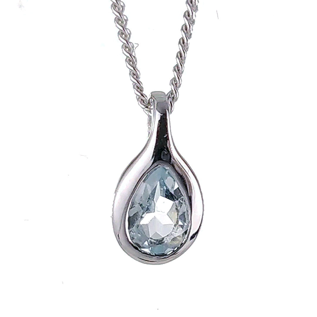 Aquamarine rubover pear pendant sterling silver