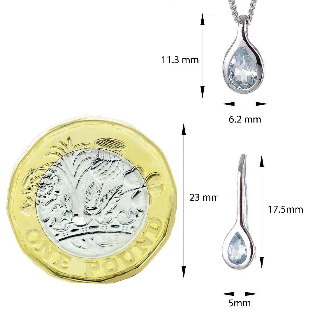 Aquamarine rubover pear pendant sterling silver dimensioned scaled agains a pound coin