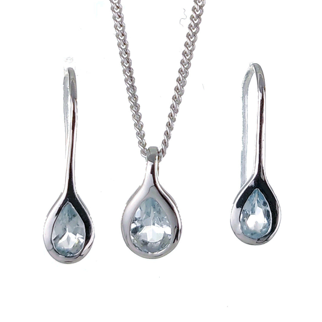 Aquamarine Rubover pear necklace earring set sterling silver